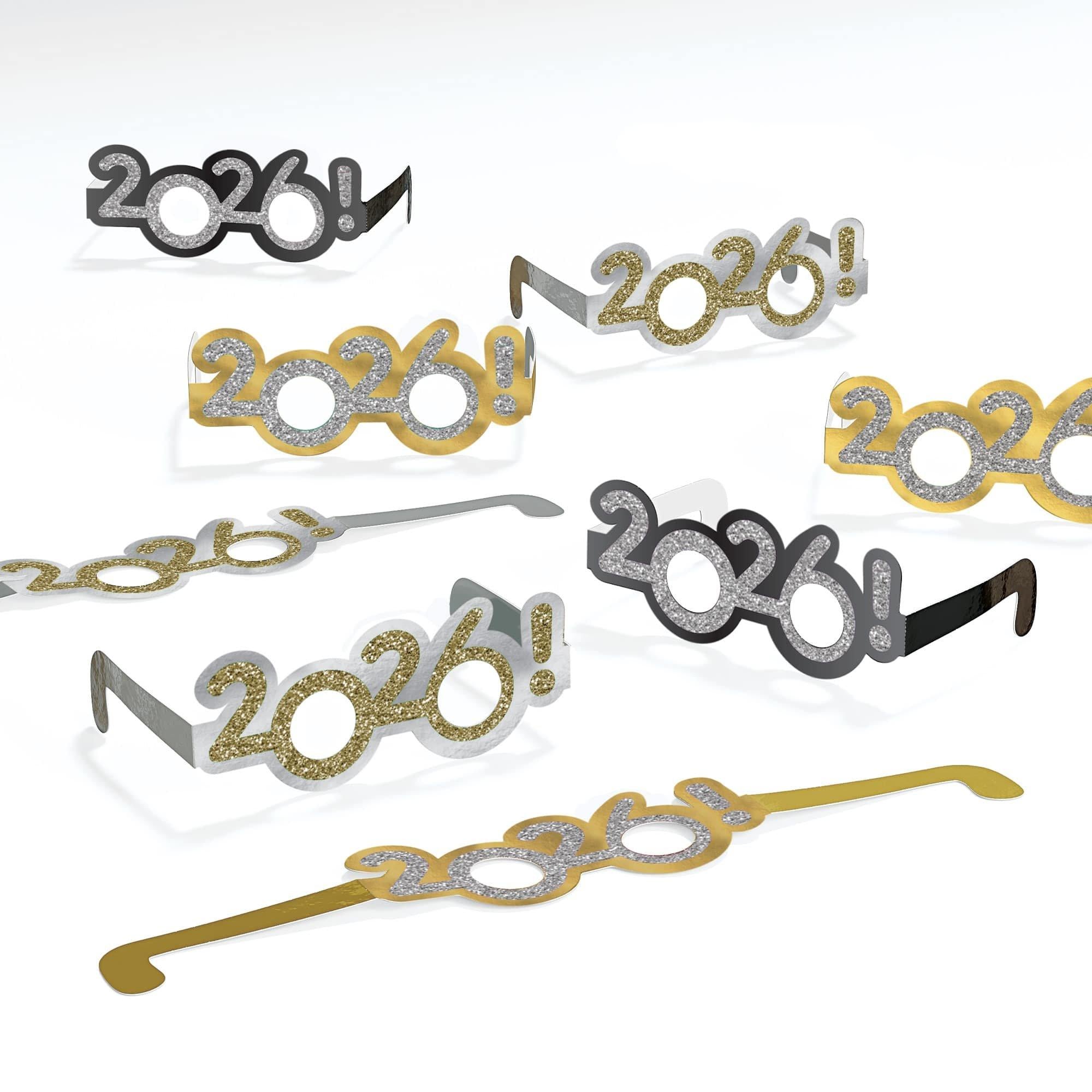 Black, Silver, & Gold 2026 NYE Glitter Glasses, 8ct
