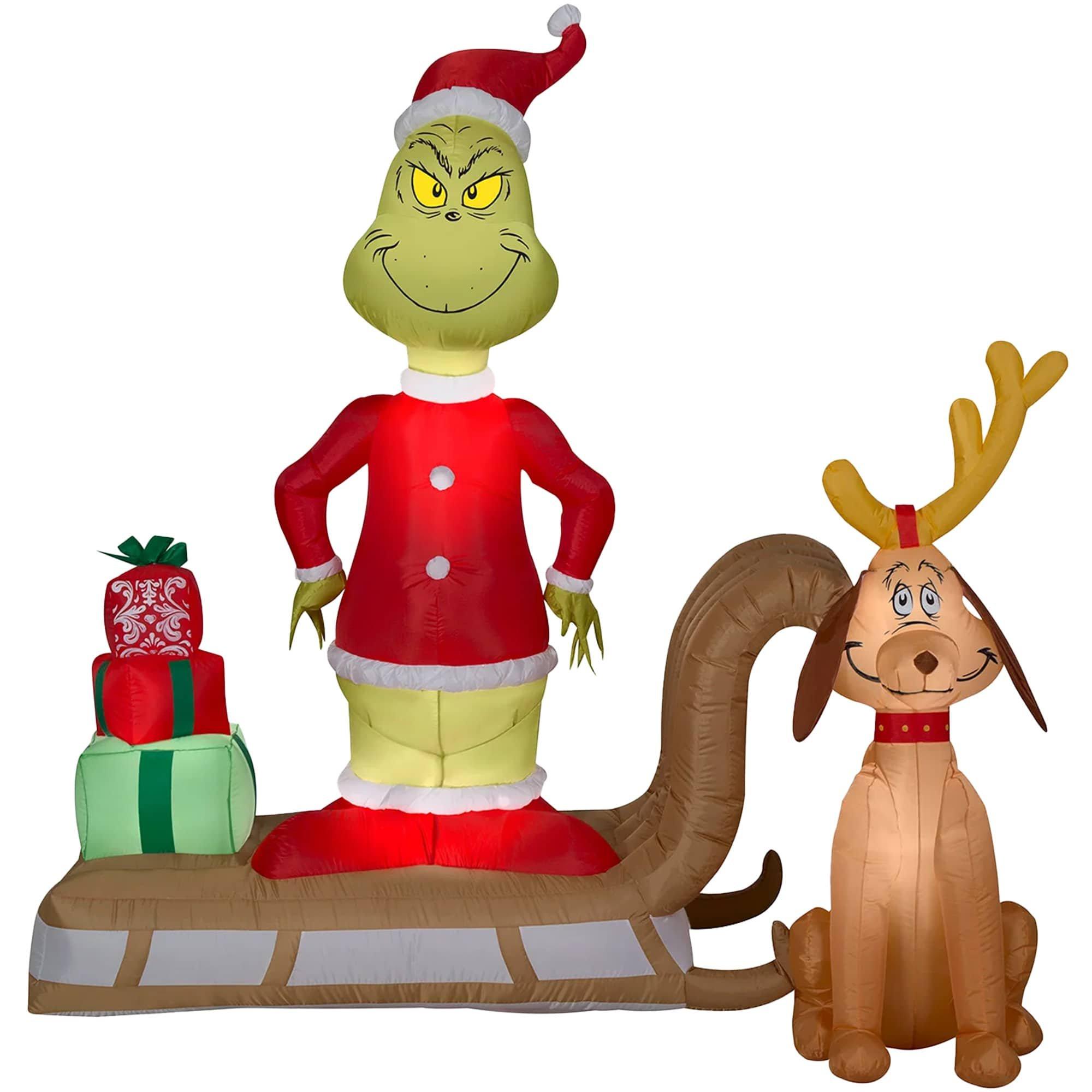 6 Foot Dr. Seuss The Grinch Sleigh Scene Light Up Christmas Inflatable Lawn Decoration