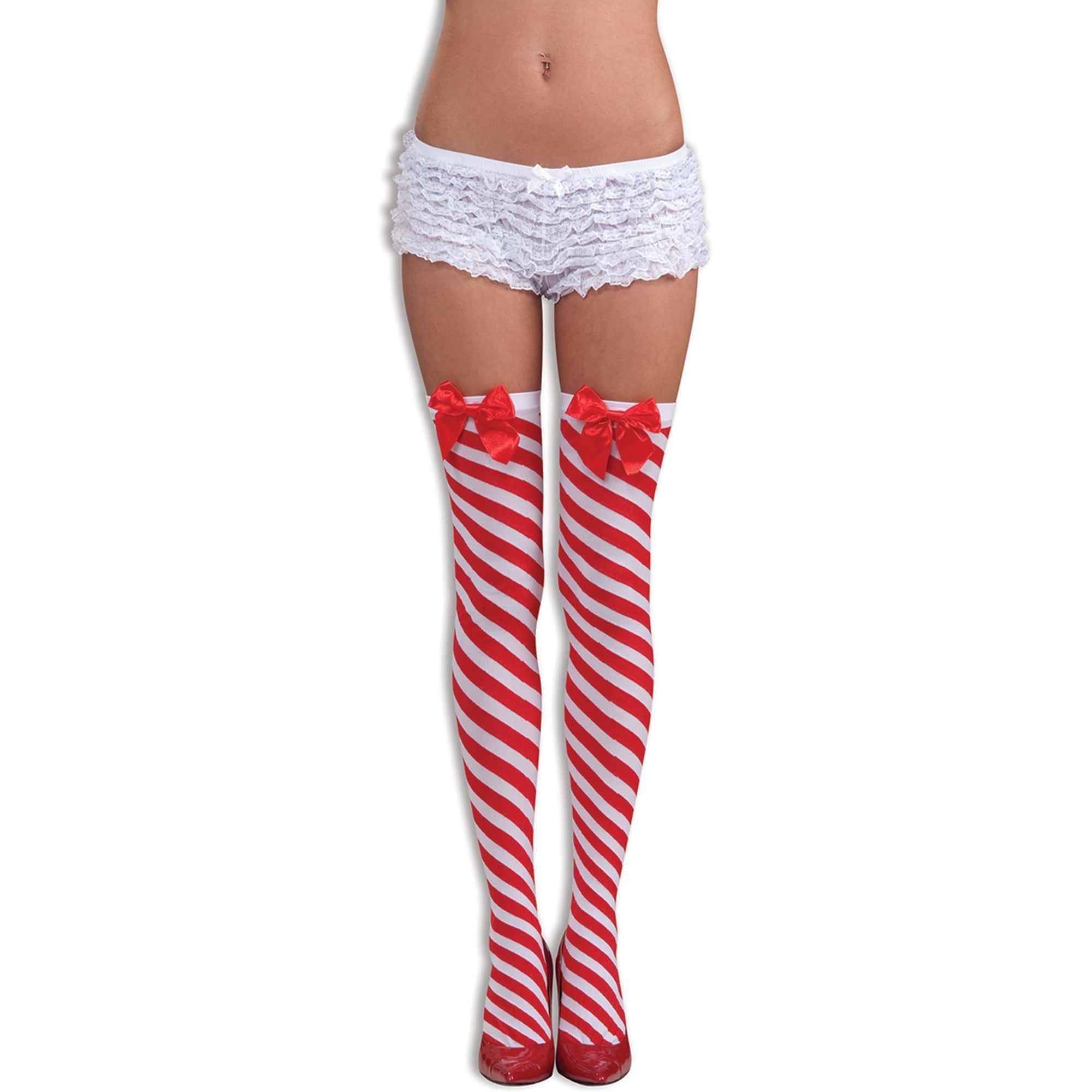Women's Red and White Striped Candy Cane Thigh High Stockings