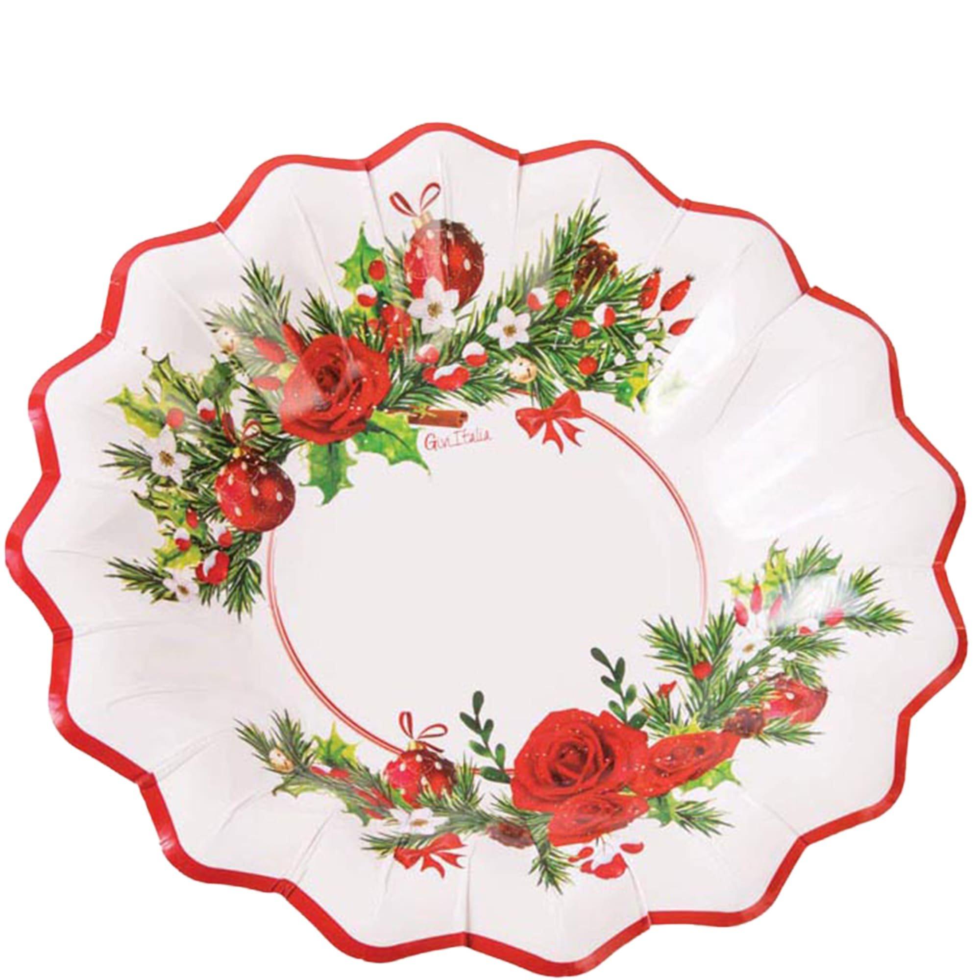 Christmas Floral 9" Shaped Paper Bowls, 8ct ?C Red Roses, Holly & Ornaments