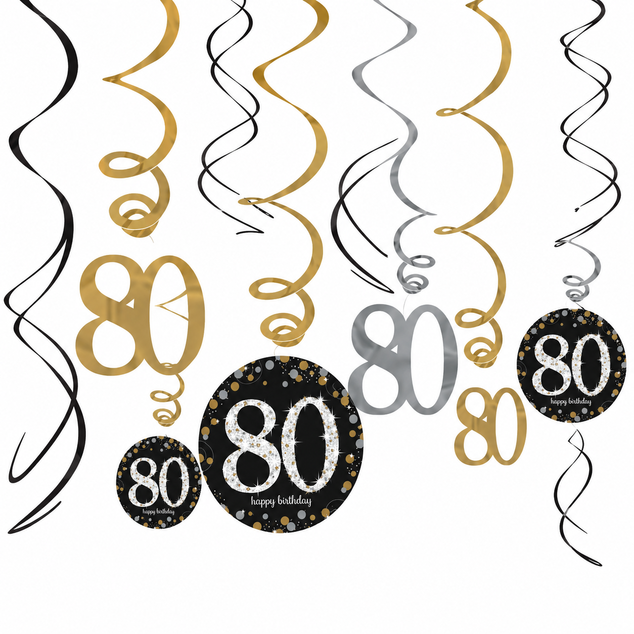 80th Birthday Swirl Decorations 12ct - Sparkling Celebration