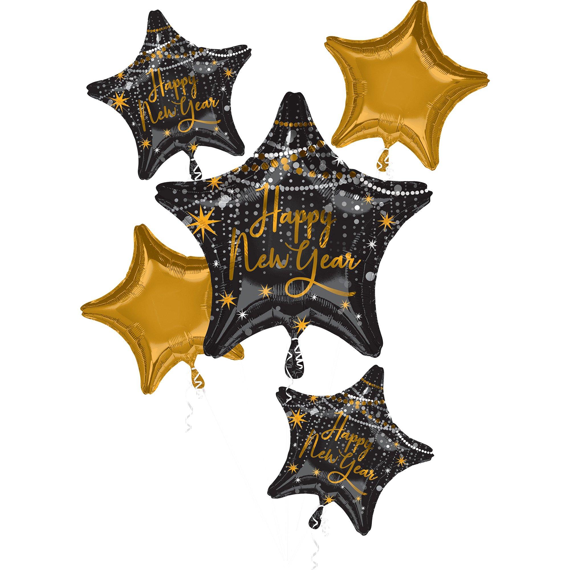 Midnight Hour Happy New Year Star Foil Balloon Bouquet, 5pc