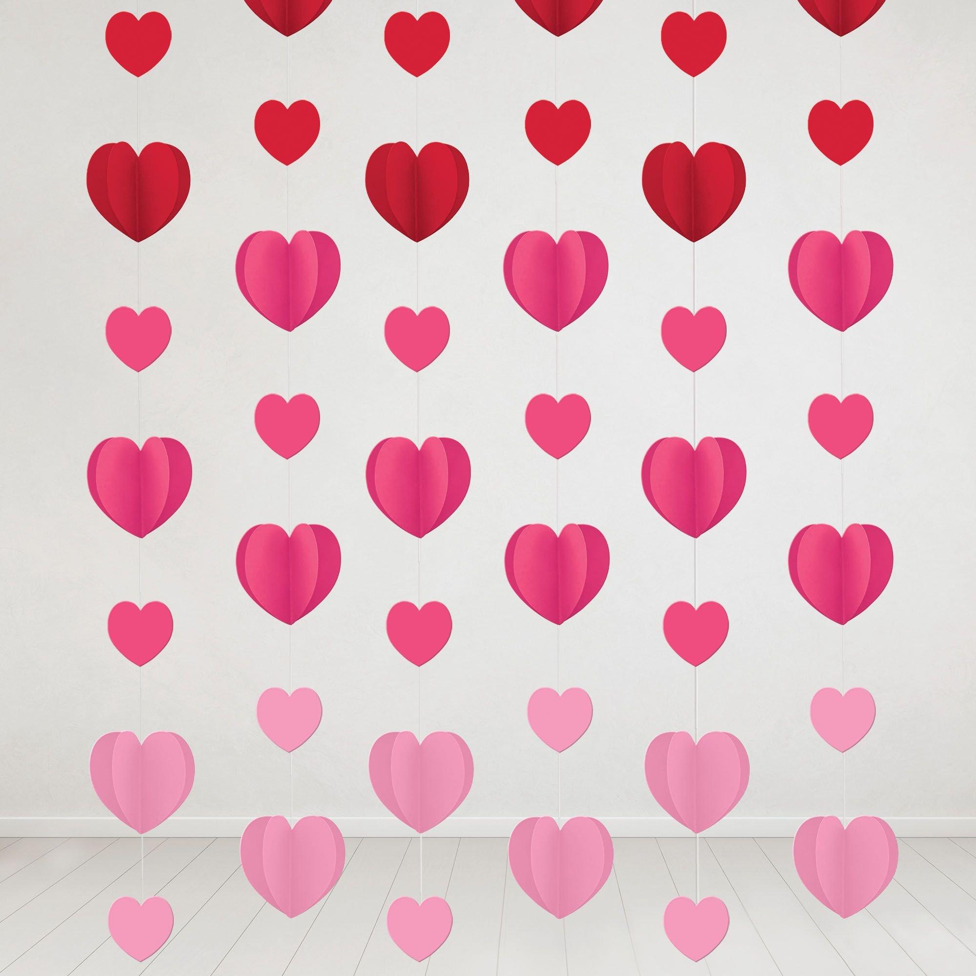Red & Pink Dimensional Heart Paper String Decorations, 7ft, 6pc