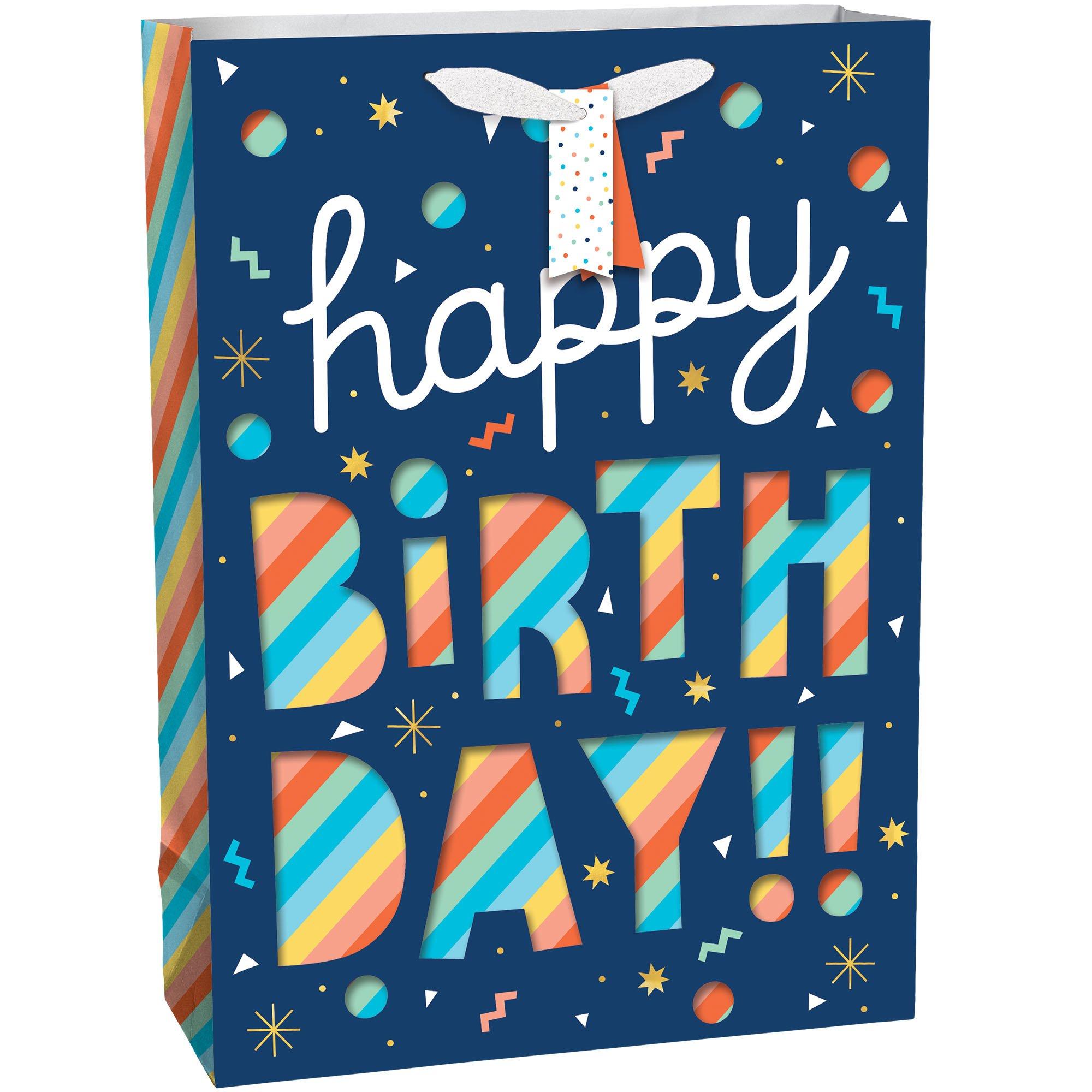 Large Happy Birthday Rainbow Stripe Cutout Paper Gift Bag, 12.5in x 17in