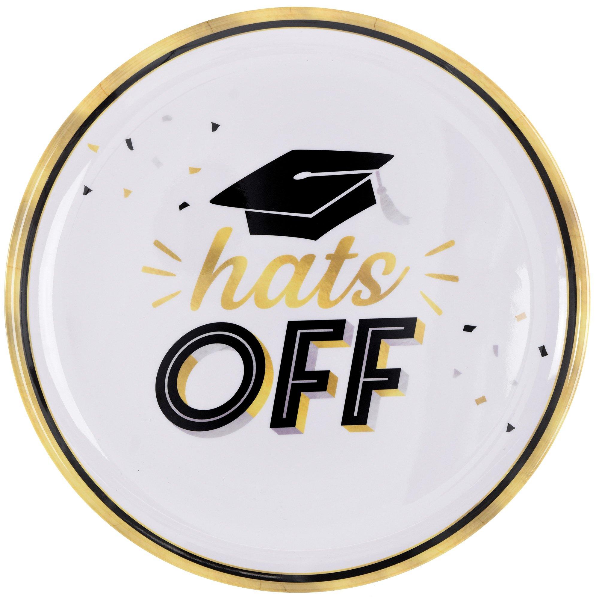 Black & Gold Hats Off Graduation Melamine Round Platter, 13.5in
