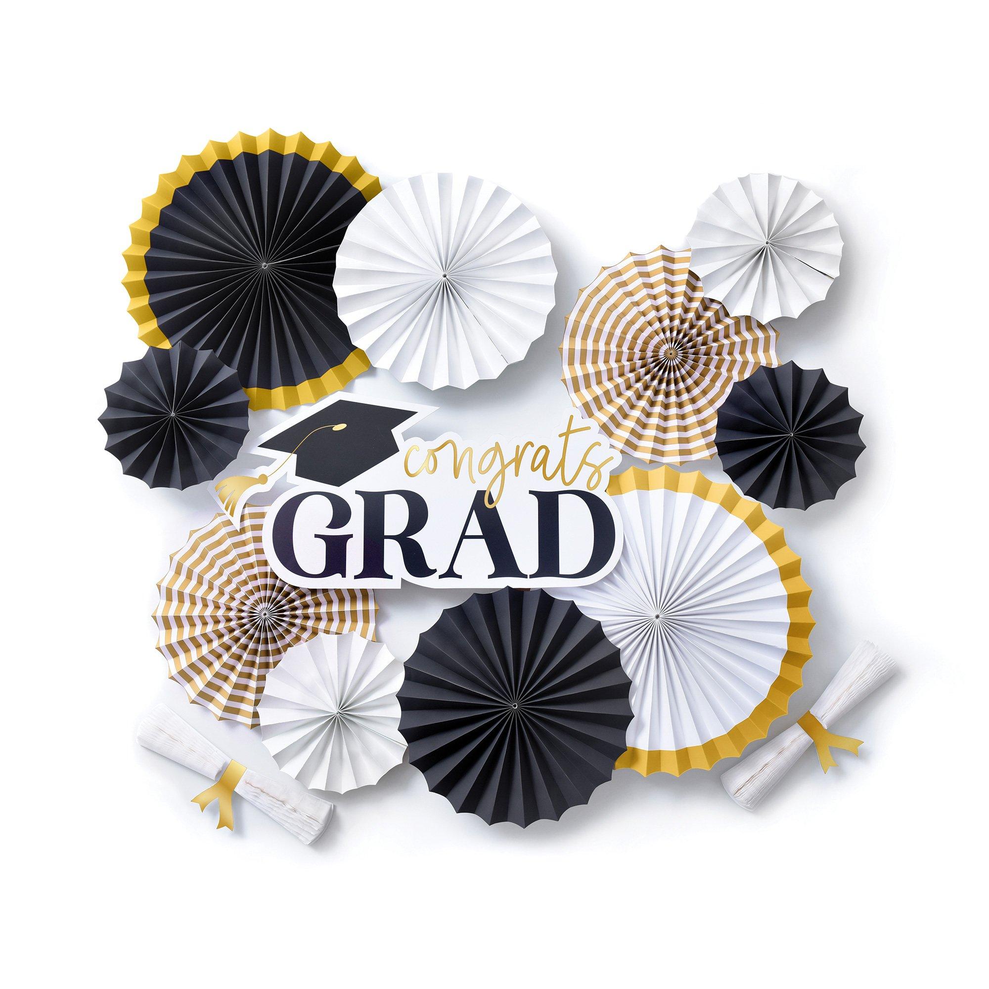 Gold & White Graduation Paper Fan Decorating Kit, 6pc