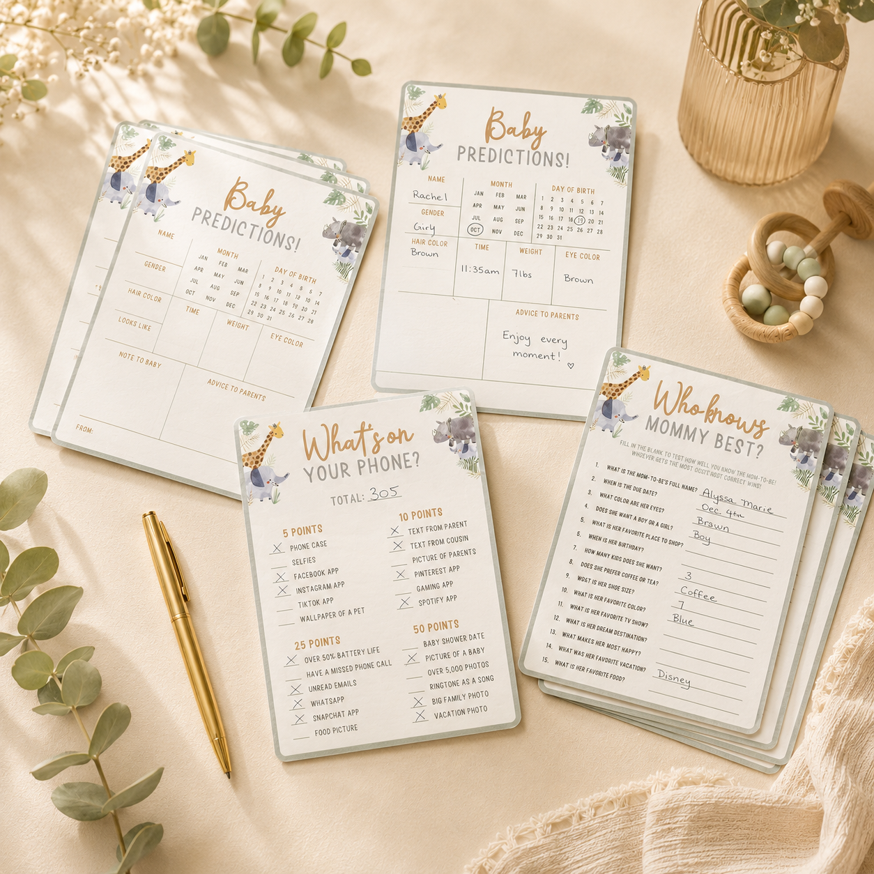 Soft Jungle Baby Shower Games for 25 Guests, 75 Sheets, 3 Games - Baby Predictions, What's on Your Phone & Who Knows Mommy Best