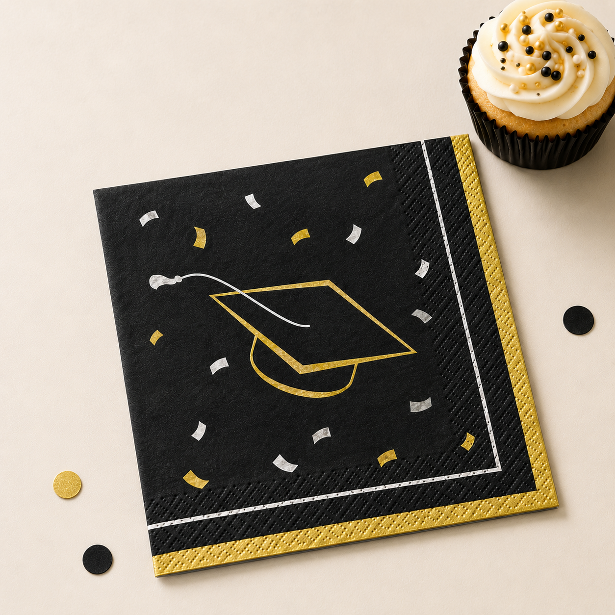 Black, Silver & Gold Grad Cap & Confetti Paper Beverage Napkins, 5in, 40ct - Class Dismissed