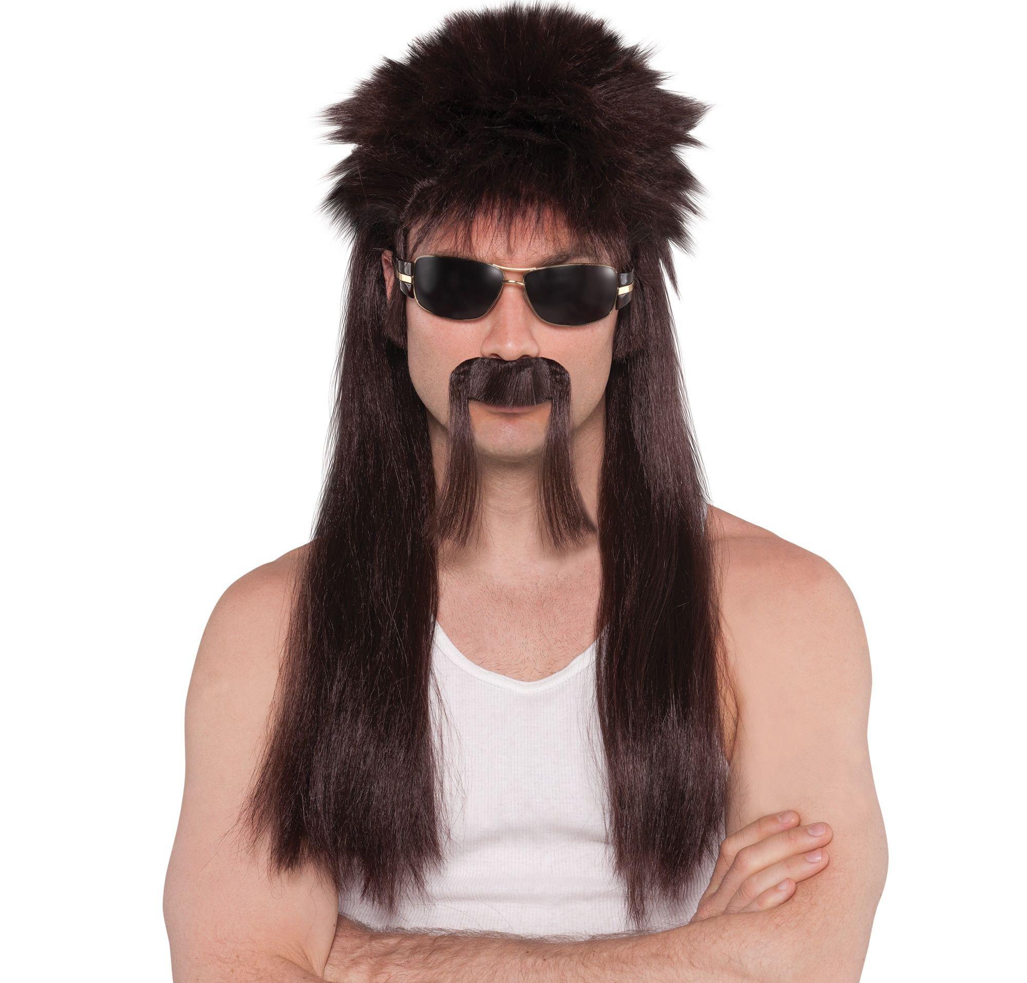 Mullet Wig & Mustache, Assorted Colors