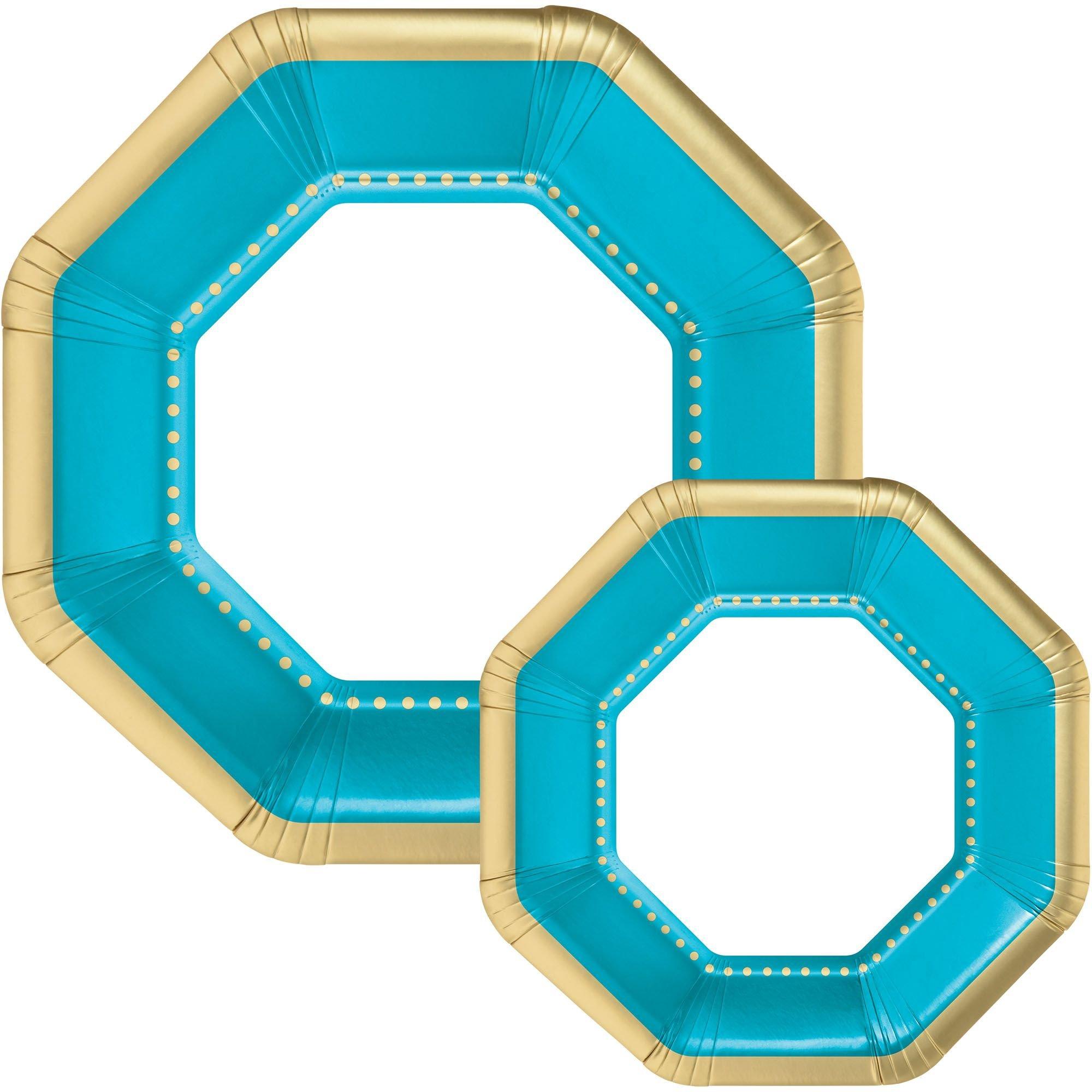 Octoganal Premium Paper Dinner (10.25in) & Dessert (7.5in) Plates with Color Border, 20ct, Assorted Colors