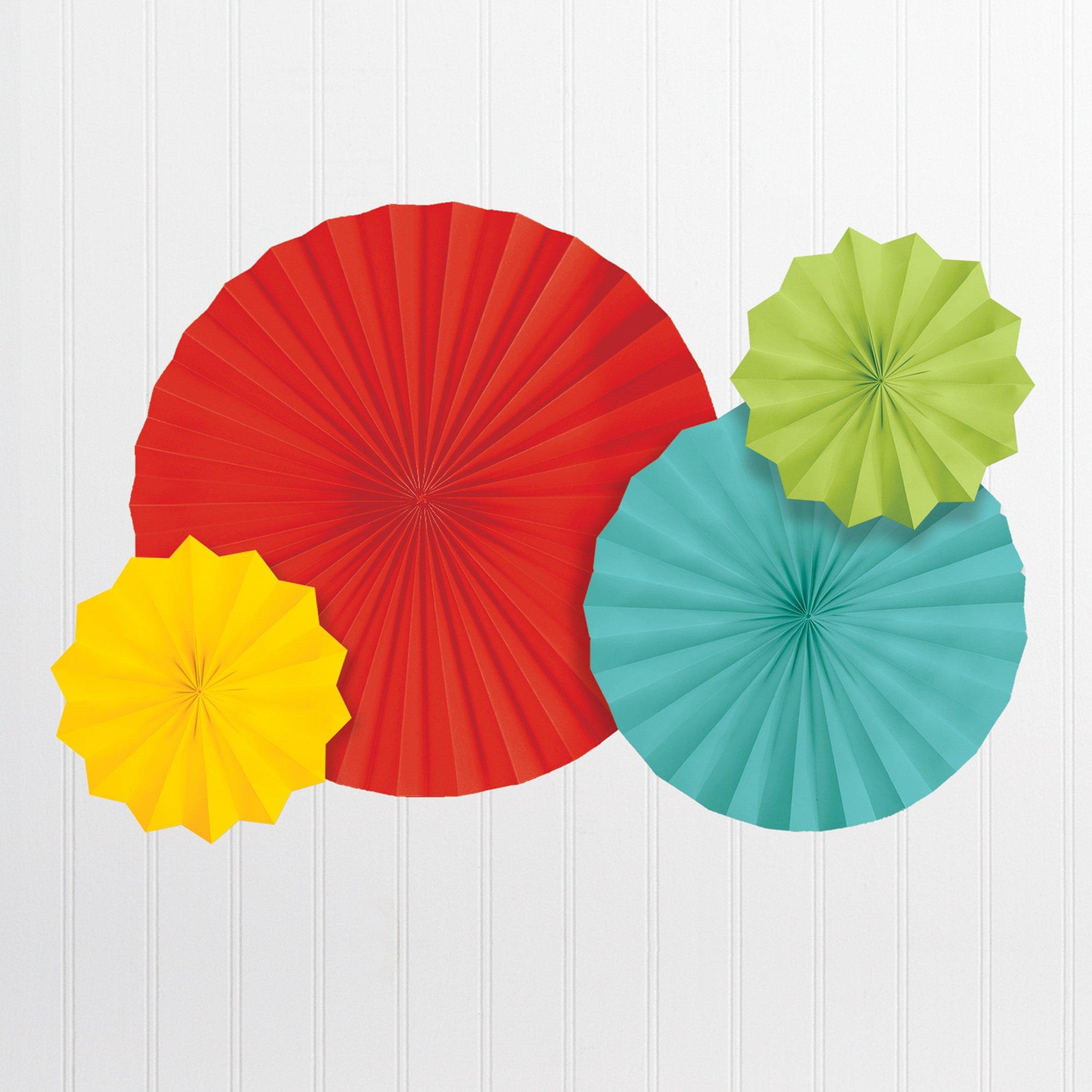 Metallic Border White Paper Fan Decoration Set, 4pc, Assorted Colors