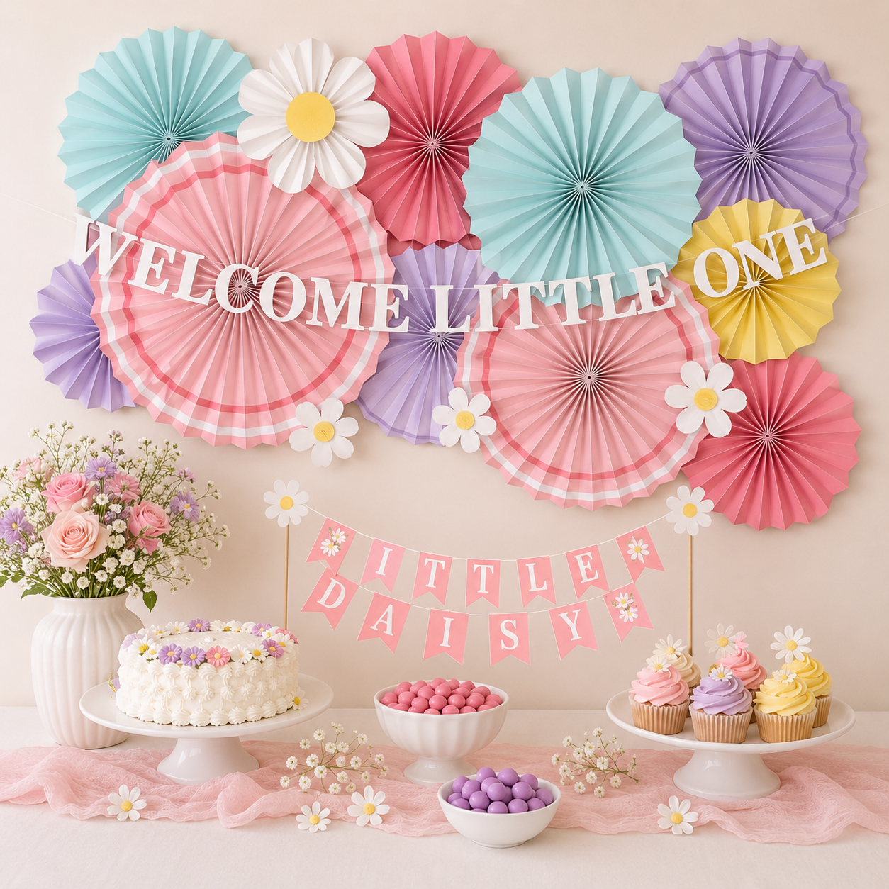 Little Daisy Welcome Little One Baby Shower Paper Fan Room Decorating Kit, 14pc
