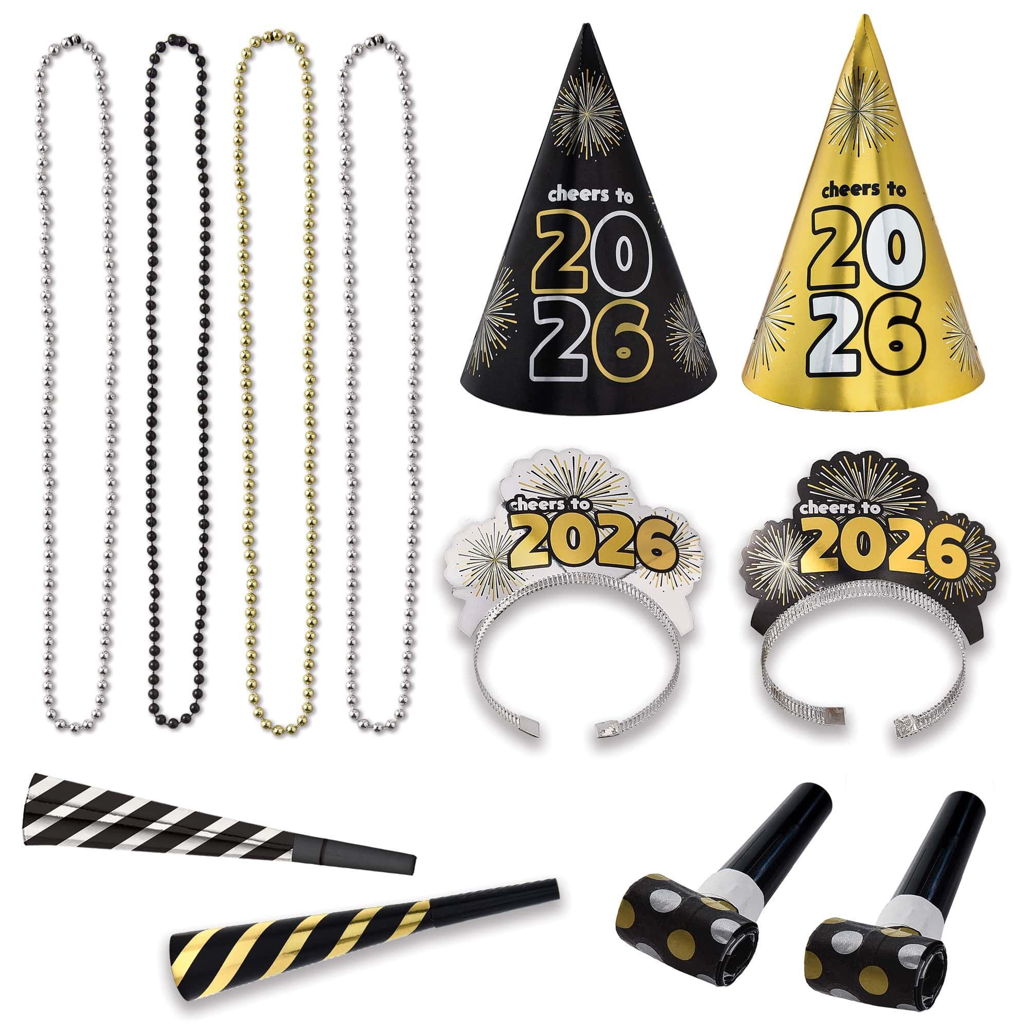 Black, Silver, & Gold NYE Party Kit, Multiple Counts