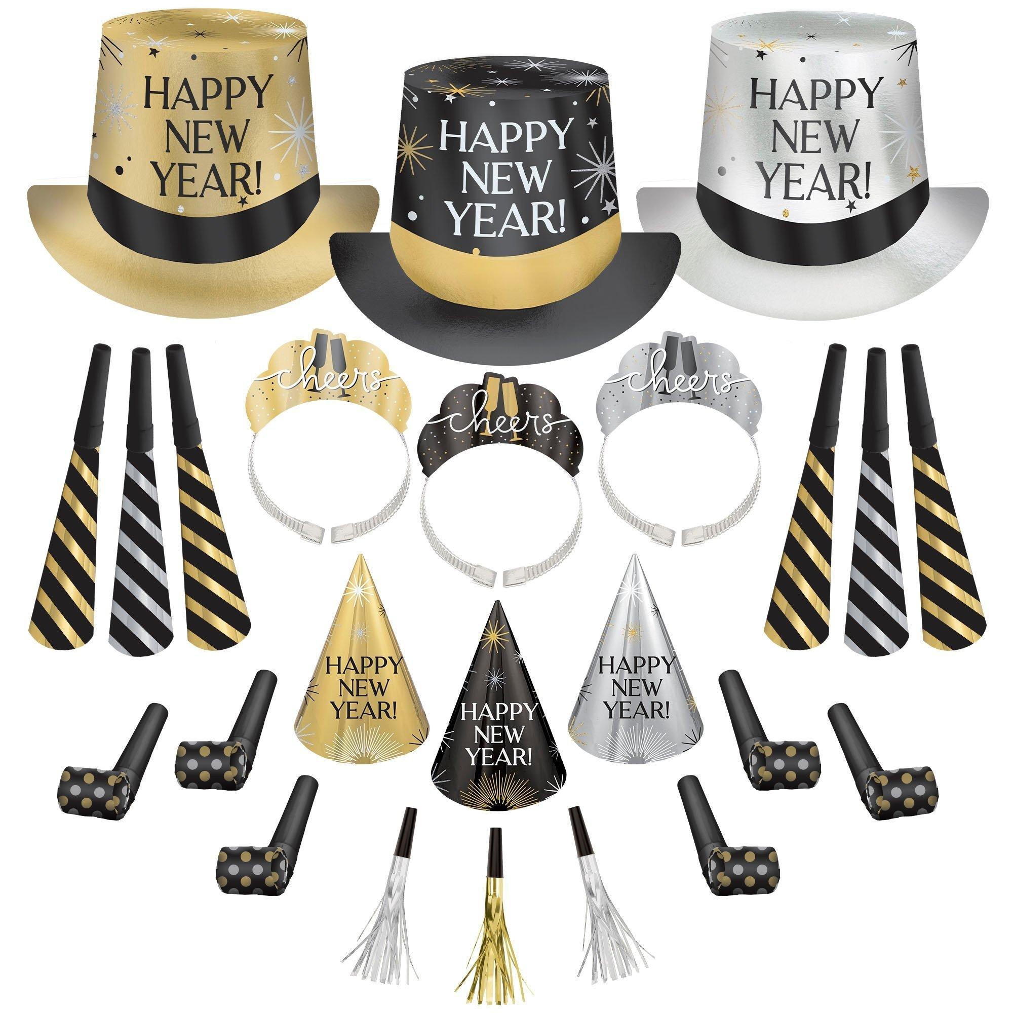 Black, Silver, Gold New Year's Eve Party Kit, Multiple Counts