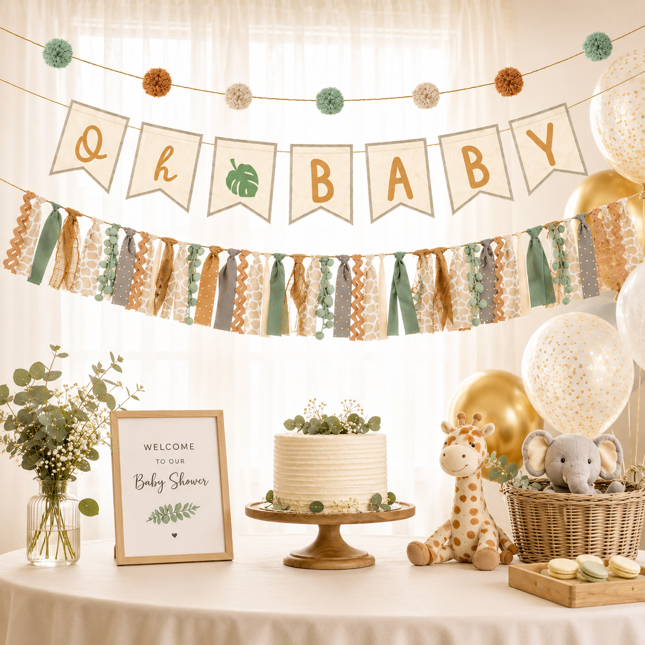 Oh Baby Soft Jungle Baby Shower Fabric Banner Set, 3pc, 5.3ft